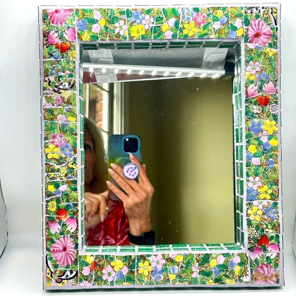 MOSAIC WALL MIRROR Glass/Pottery ARTIST ROBYN CROSFIELD 13x11 Floral Handmade